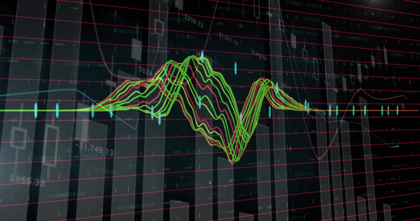 dashboard showing flat green pulse initiating waveform peaks then receding, visualizing data trends