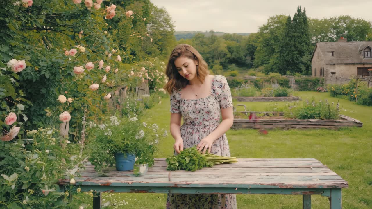 Woman in garden with roses and fresh herbs