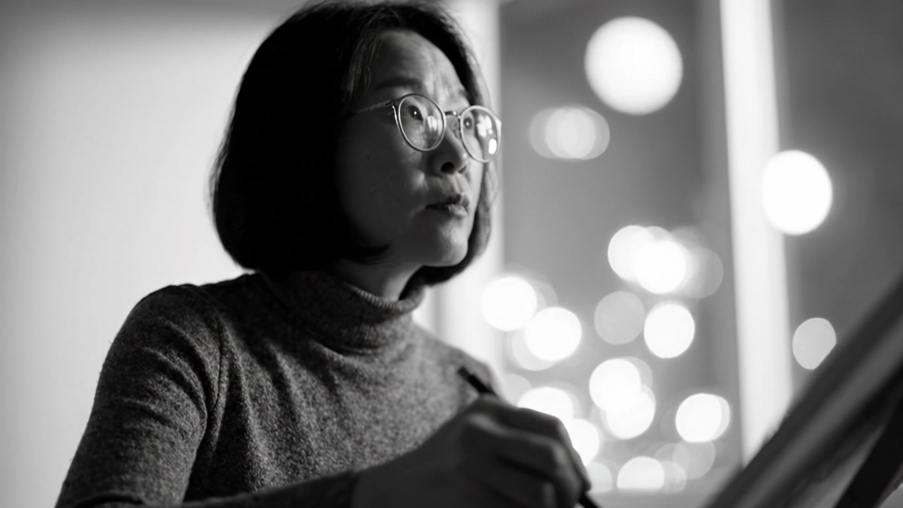 Focused Artist Drawing on Canvas in Soft Lighting, Capturing Inspiration and Creativity with a Pen in a Cozy Atmosphere Surrounded by Blurred Lights