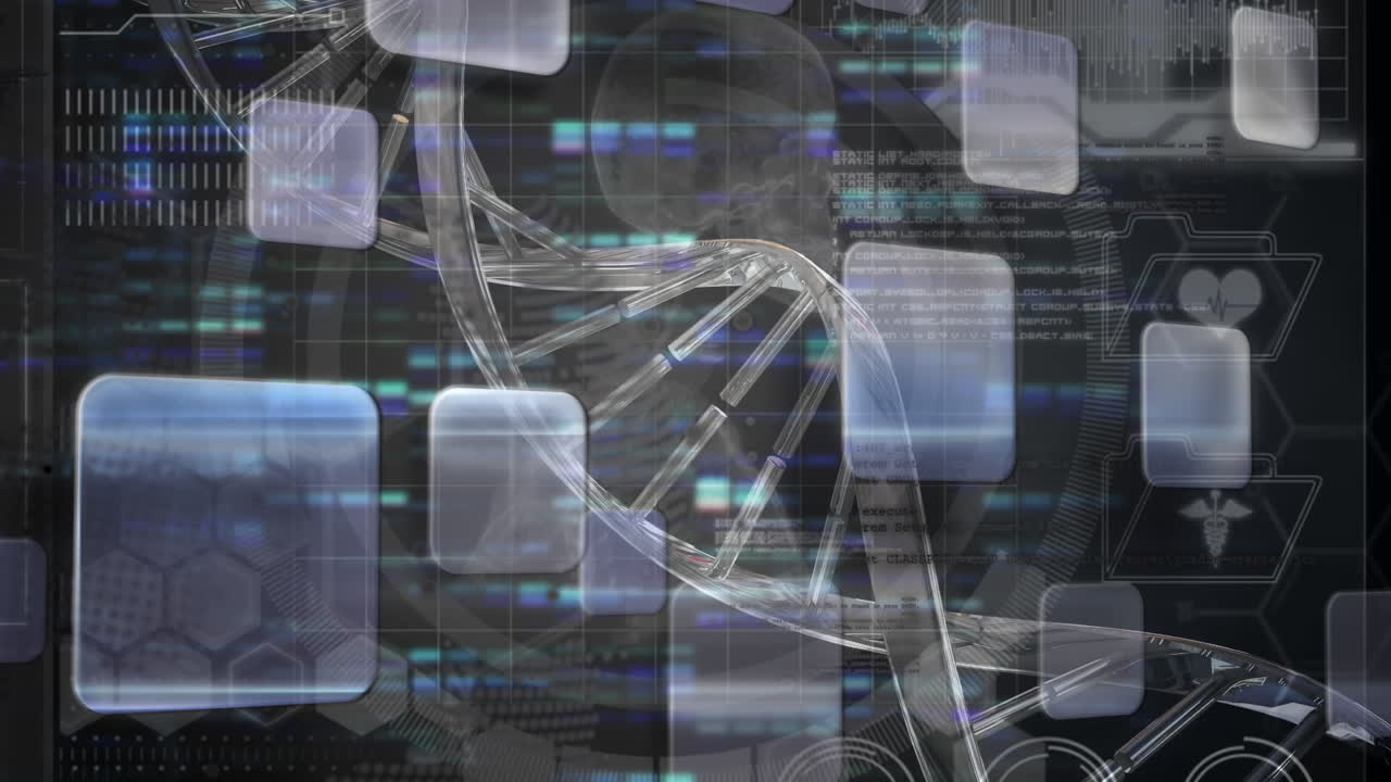Animation of shapes and data processing over dna strand on black background