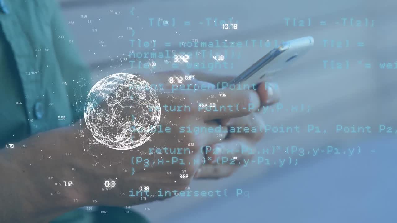 animación del globo y procesamiento de datos sobre el hombre usando teléfono inteligente