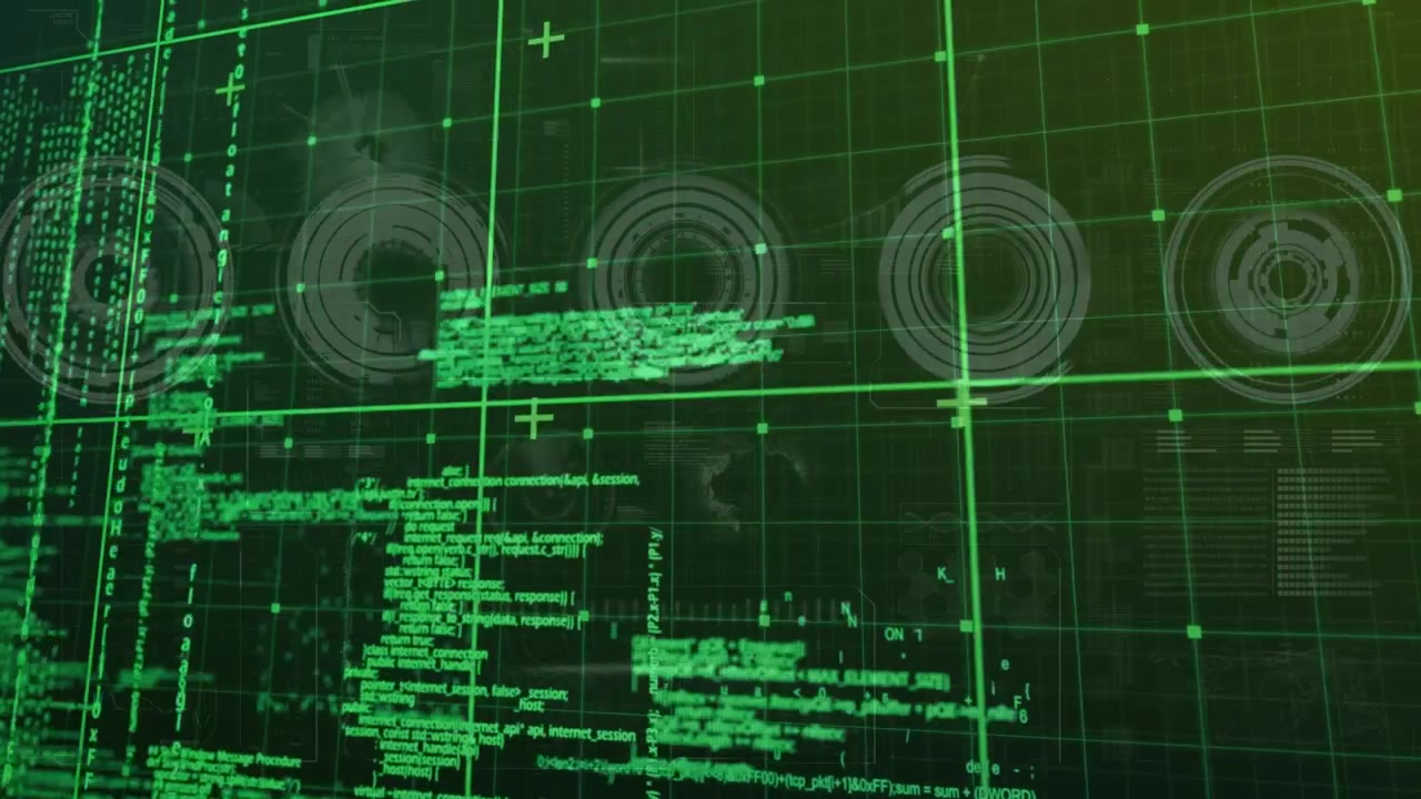 Animation of data and graphs processing on green digital screen