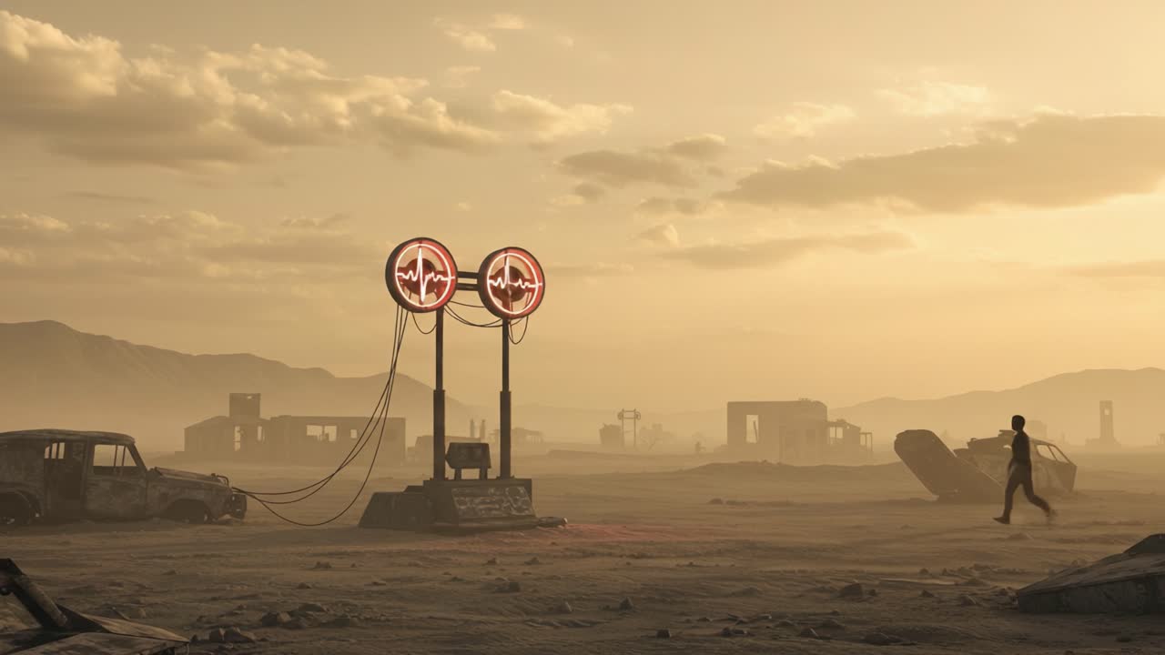 A Solitary Traveler Explores a Barren, Post-Apocalyptic Landscape with Abandoned Vehicles and Eerie, Neon Signs against a Distant Mountain Range at Dusk