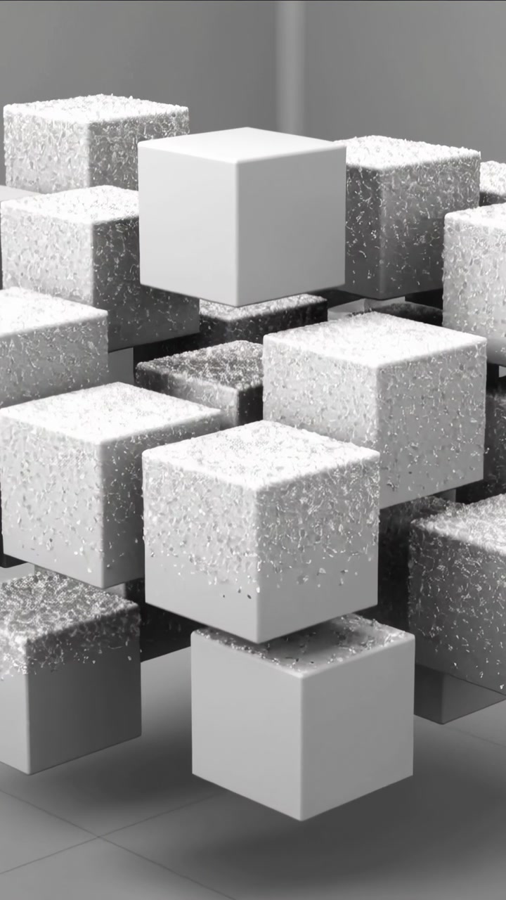 Central cube rising, initiating wave of lifting cubes scattering granular particles on tiled floor