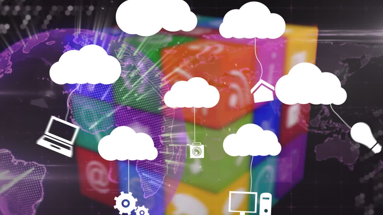 animación de nubes e iconos digitales sobre el cubo en el fondo