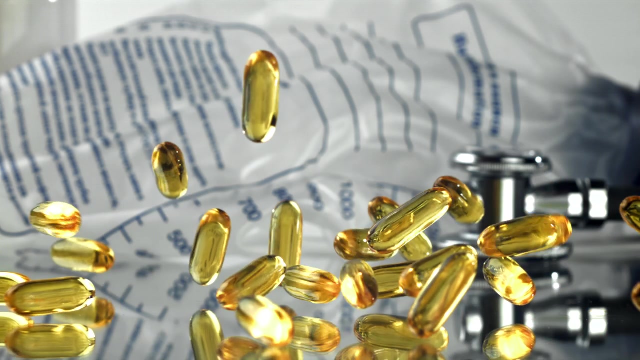 Capsule mediche gialle in caduta rallentata