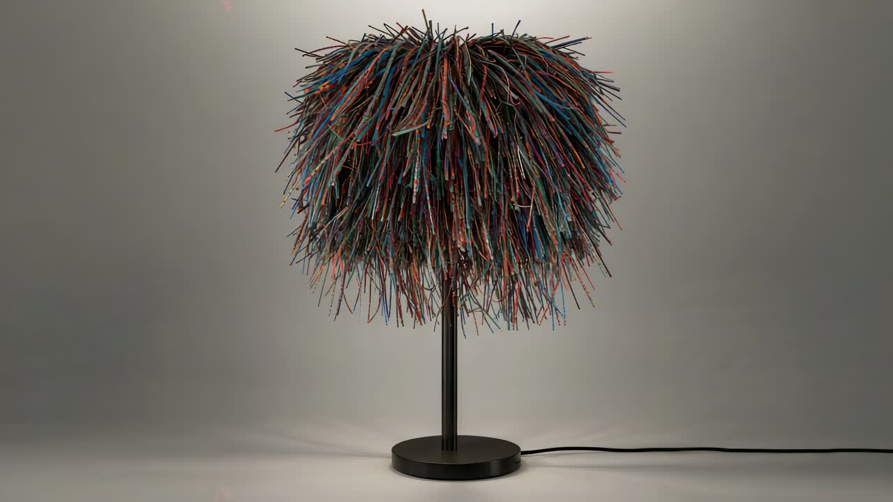 Tischlampe beim Filmen, die einen zotteligen, bunten Schirm zeigt, der sich auf grauem Hintergrund verschiebt, schwarzer Stiel, Basis, Kabel