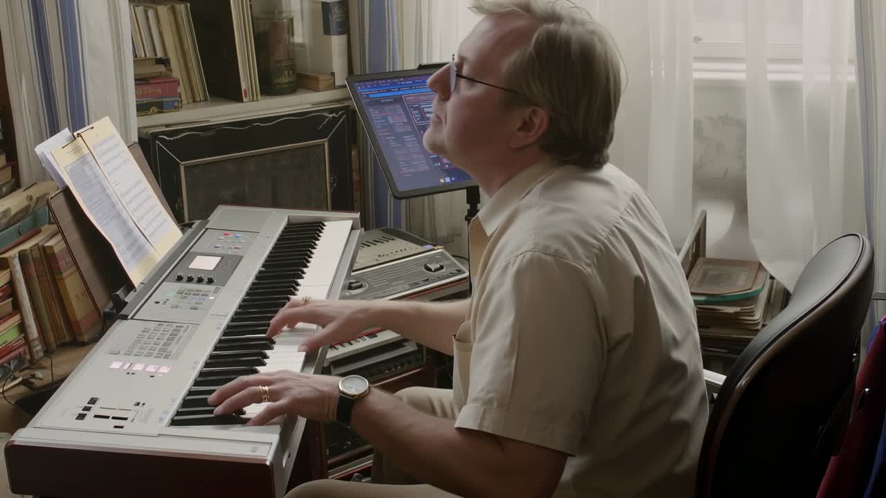 En mandlig musiker bruger noder og en touchskærm, øver sig ved at spille på tangenterne, mens han kaster et blik på skærmen.