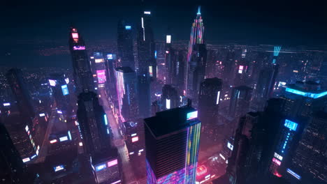 vibrant neon lit futuristic cityscape at night