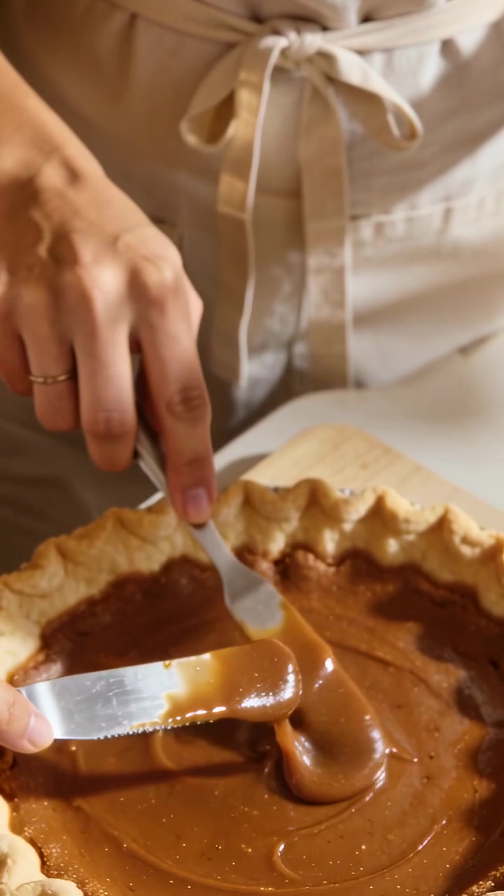 Video verticale: Raschiando un barattolo, mani con grembiule a casa che spalmano caramello con un coltello decorando una torta