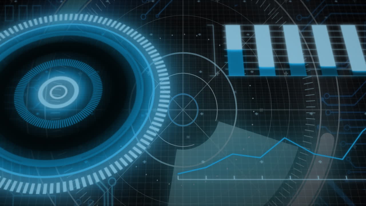 animación de círculos iluminados sobre el radar y gráficos contra un fondo negro