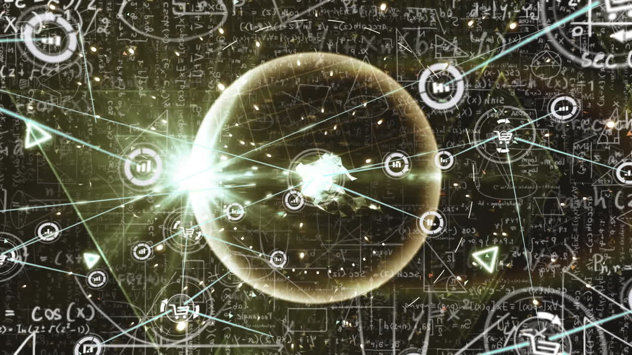 수학 방정식 위에 아이콘으로 연결된 네트워크의 애니메이션