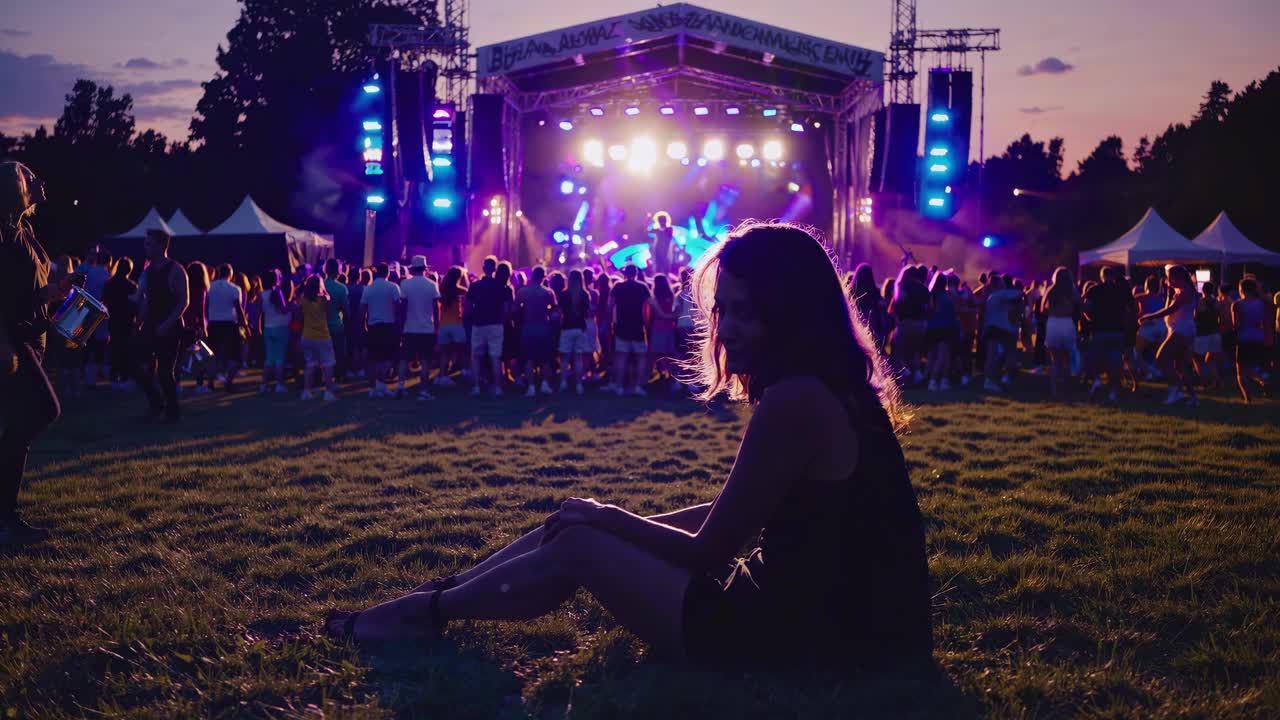 A wide-angle video captures a woman sitting on grass at sunset, facing a vibrant outdoor concert