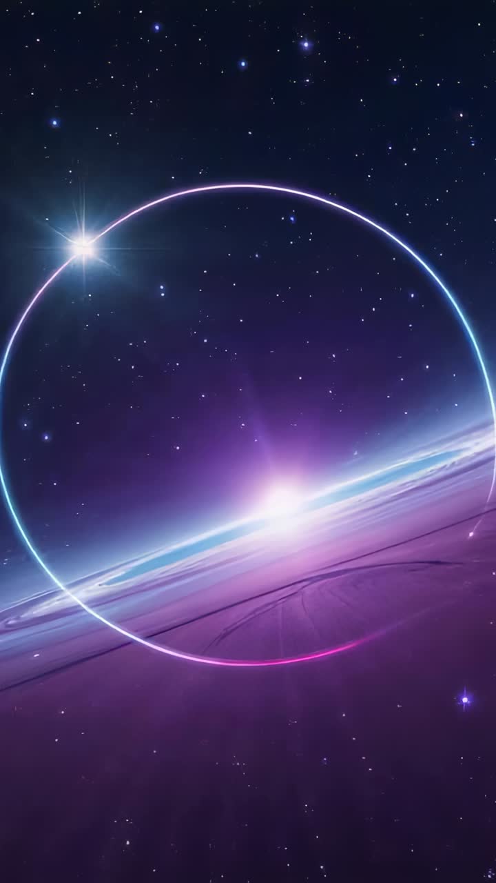 Vertical video: Forming neon ring encircling planet horizon in space, pulsing lens flare and stars