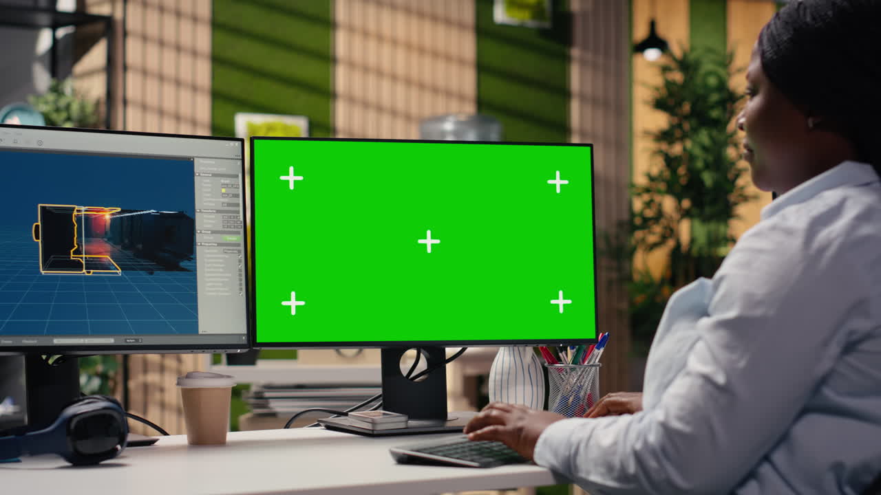Woman Working on Computer with Green Screen Monitor in Office