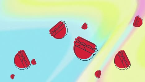 animación de hamburguesas rojas cayendo sobre un fondo de remolino pastel en movimiento