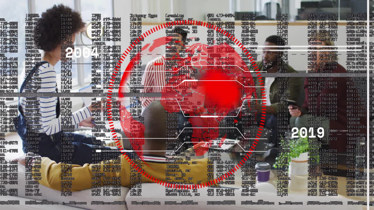 Discussing data and red world map overlay, diverse group in office meeting