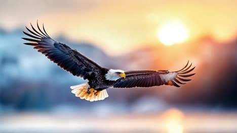 majestic bald eagle soaring at sunset