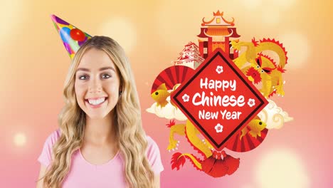 animation of caucasian woman with party hat and happy new year text over chinese decorations