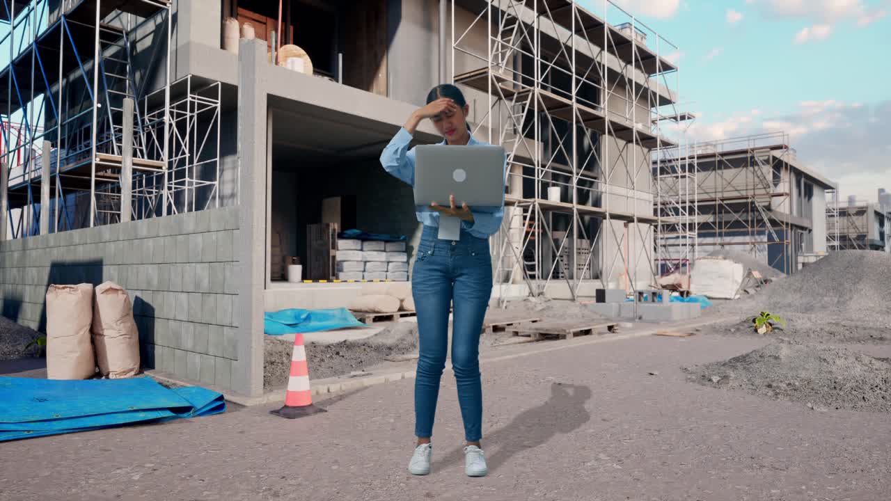 Full Body Of Asian Female With Her Laptop At Construction Site in Progress to New House, She Is Nodding Her Shead With Dissapionted