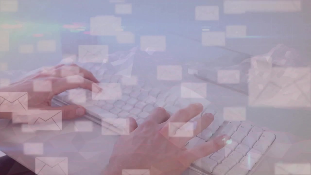 Envelope icons drifting in sparking typing hands causing pulsing envelopes showing email workflow