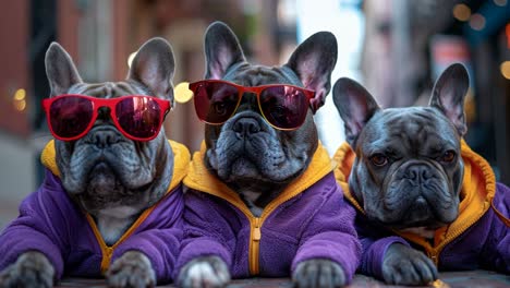 three dogs wearing sunglasses and jackets are posing for a photo. scene is playful and fun, as the dogs are dressed up and wearing sunglasses