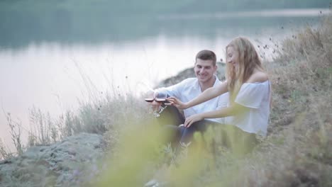 man proposing to girlfriend. man showing an engagement ring diamond to his amazed girlfriend