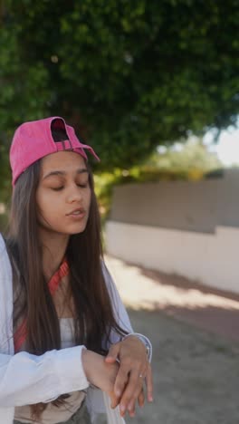 woman wearing a pink baseball cap outdoors