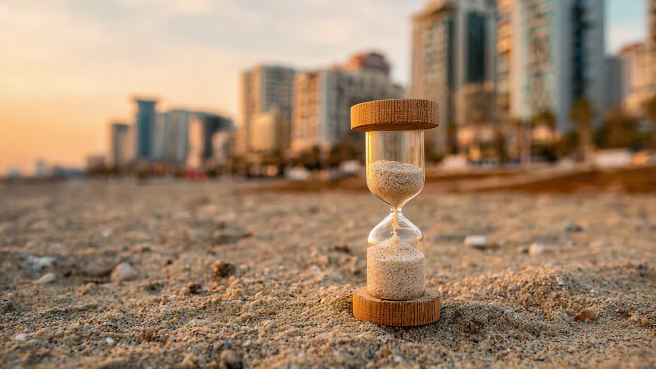 Et smukt timeglas fotograferet ved solnedgang på stranden, omgivet af en naturskøn bysilhuet, der symboliserer tidens gang og ro