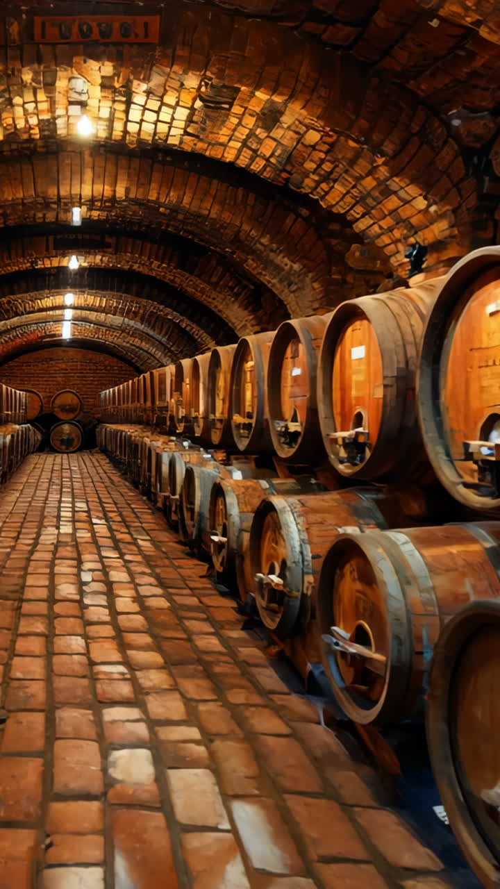 Wine Barrels Stored in a Rustic Cellar With Brick Arches. A row of wooden wine barrels stands in a rustic cellar featuring brick arches and warm lighting. Vertical video