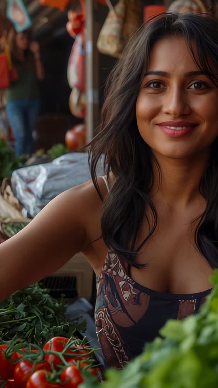 Vídeo vertical: comprador acercándose, mujer con top estampado levantando verduras para mostrarlas en un puesto con tomates
