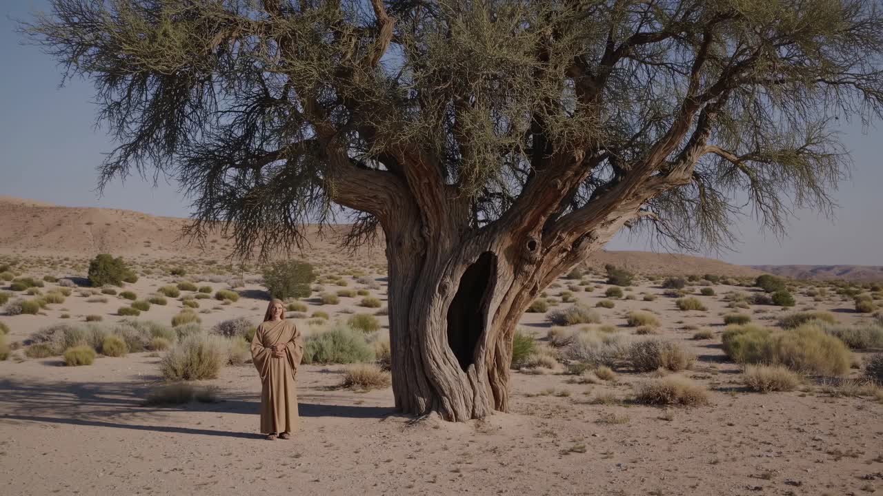 Un individuo con una veste fluente si erge accanto a un albero secolare in un paesaggio arido, osservando l'ambiente circostante mentre la luce del sole proietta ombre, catturando un sereno momento di contemplazione e connessione con la natura