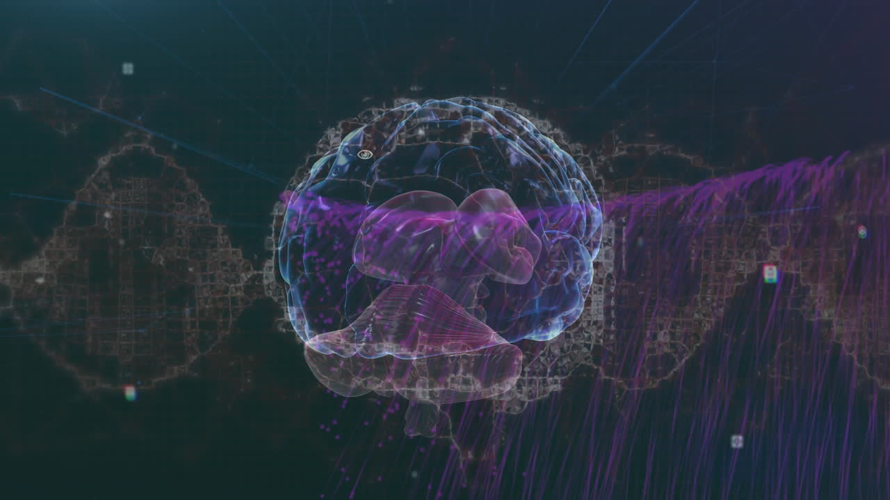 Animation of viewfinders, human brain and dynamic wave pattern over abstract background