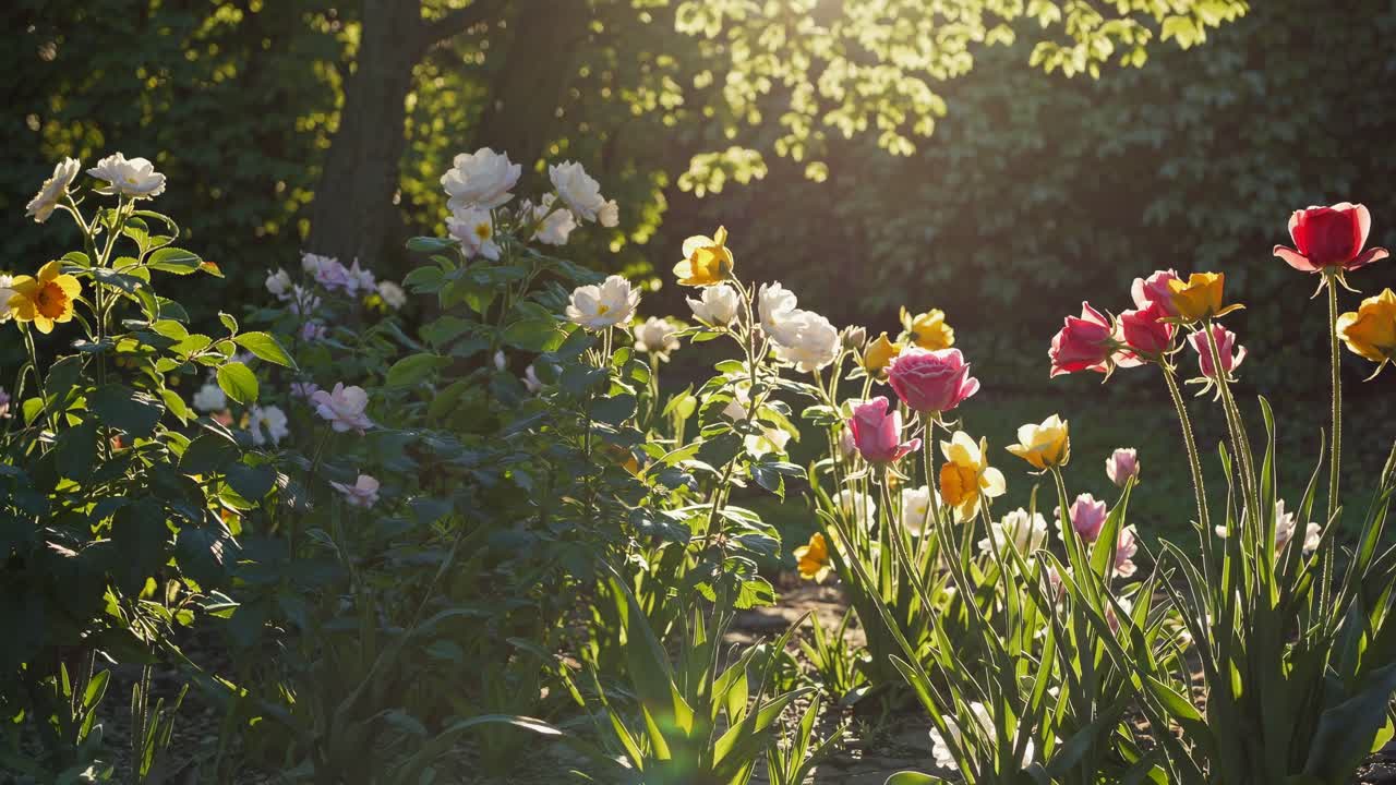 Sunlit garden with vibrant flowers, captured from a low angle