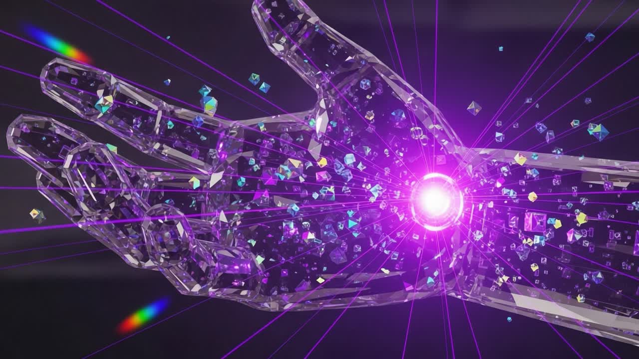 A Futuristic Glimpse: A Shimmering, Crystal-Like Hand Emitting a Vibrant Purple Aura Surrounded by Sparkling Particles in a Dazzling Digital Dimension