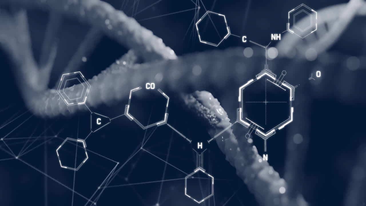 Animation of network of connections over dna strand and chemical formula