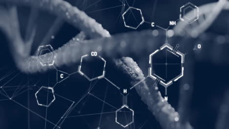 animation of network of connections over dna strand and chemical formula