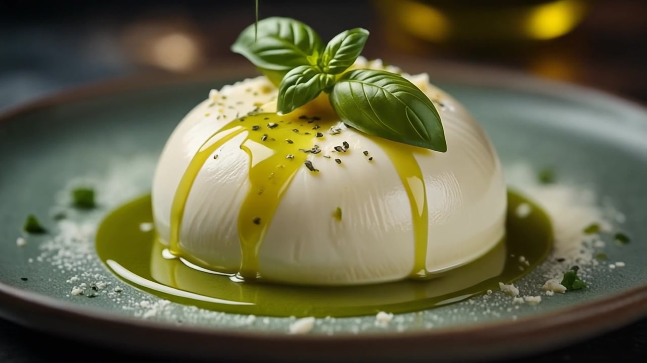 Oliiviöljyä kaatuu tuoreen burrata-juuston päälle basilikan kera