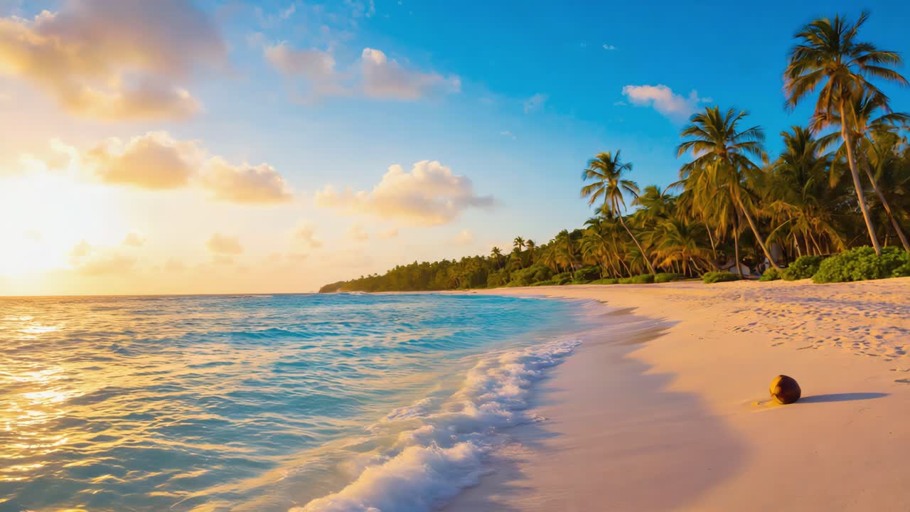 Soft waves gently lapping the sandy shore of a tropical beach at sunset, with palm trees swaying in the warm breeze and a coconut resting on the sand, creating a serene and idyllic paradise scene