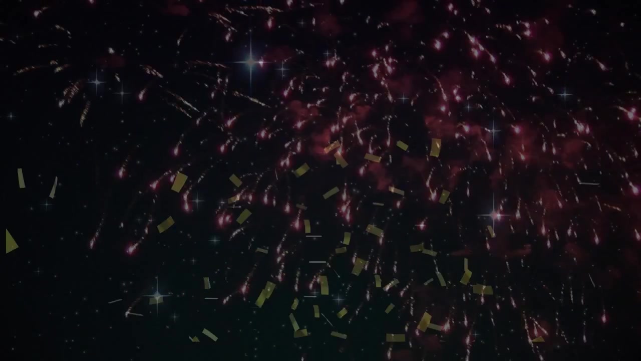 Animation of falling colourful confetti and fireworks over black background