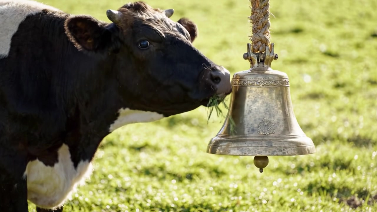 Un momento sereno catturato mentre una mucca pascola pacificamente accanto a una campana tradizionale, mostrando l'armonia della vita rurale e della natura in un ambiente verde vibrante