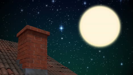animation of winter christmas scenery with chimney, snow falling and moon