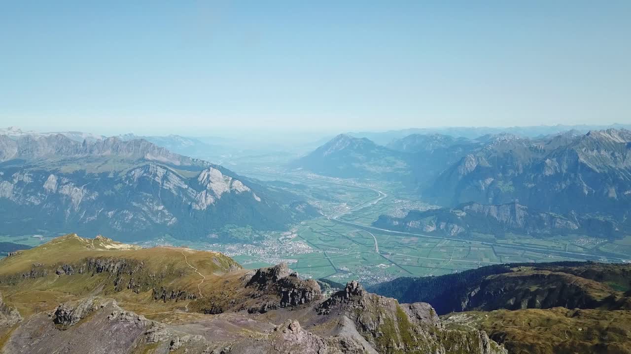 Bird's eye view of the Mountain Pizol in the Glaurs Alps, and the valley, in St. Gallen, Switzerland.