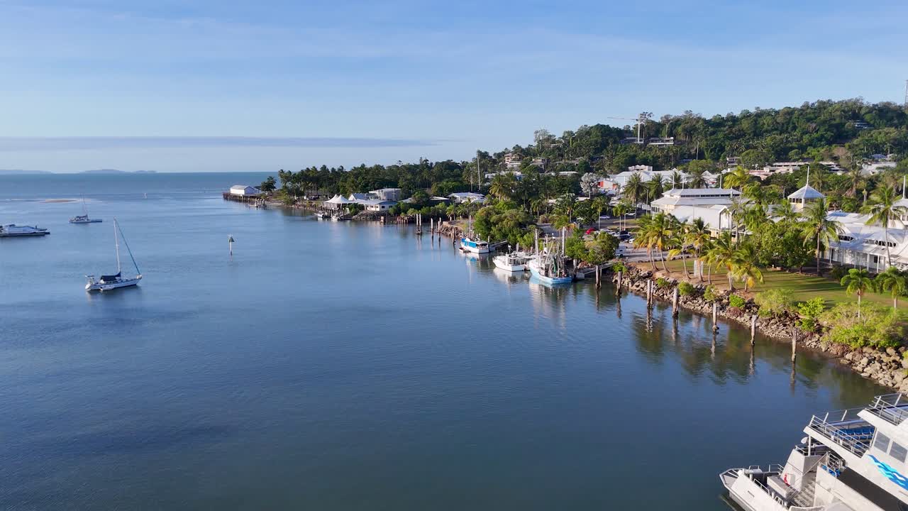 Drone footage captures a serene marina with boats and lush greenery in Port Douglas, Australia, under clear blue skies