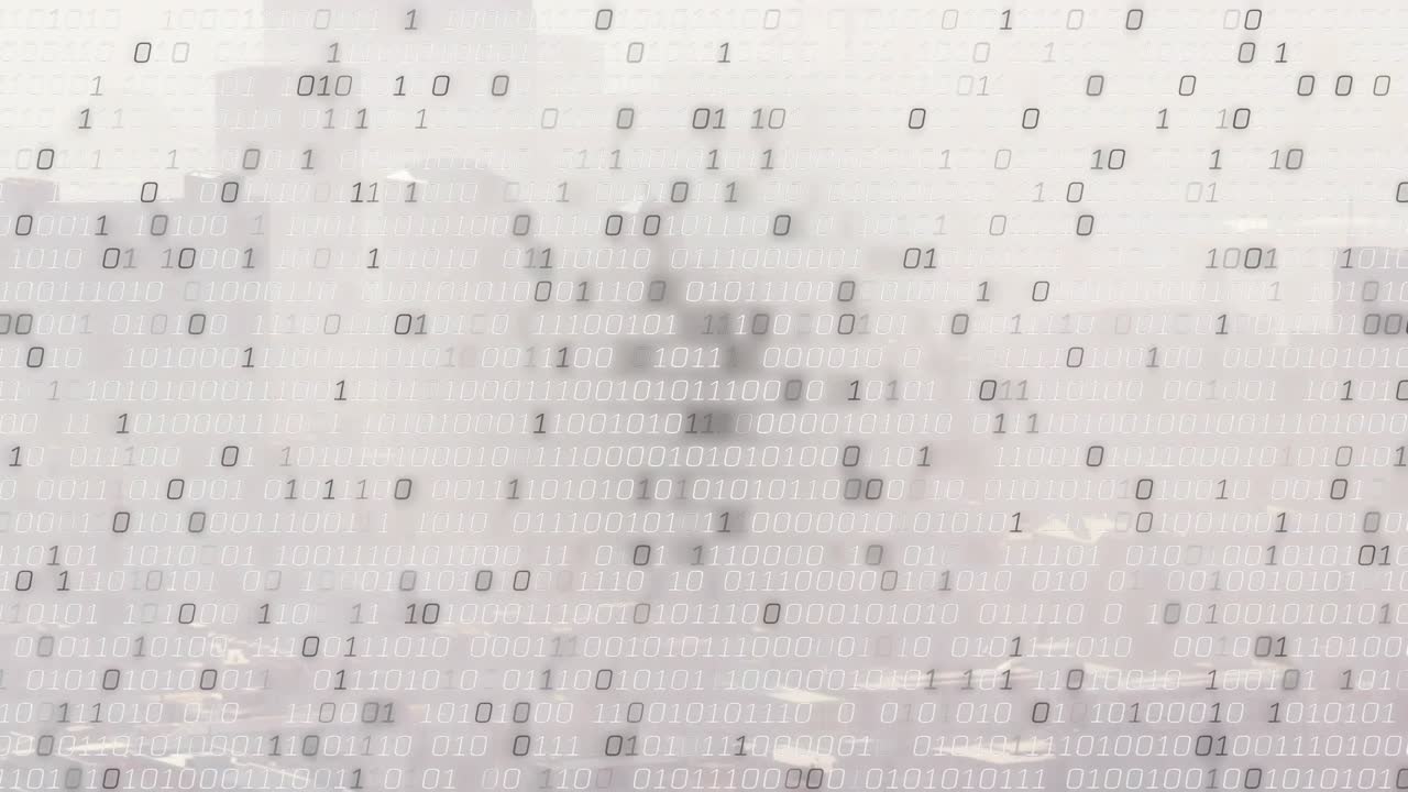 On scene reveal, binary overlay appearing, clustering into vertical columns and visualizing data