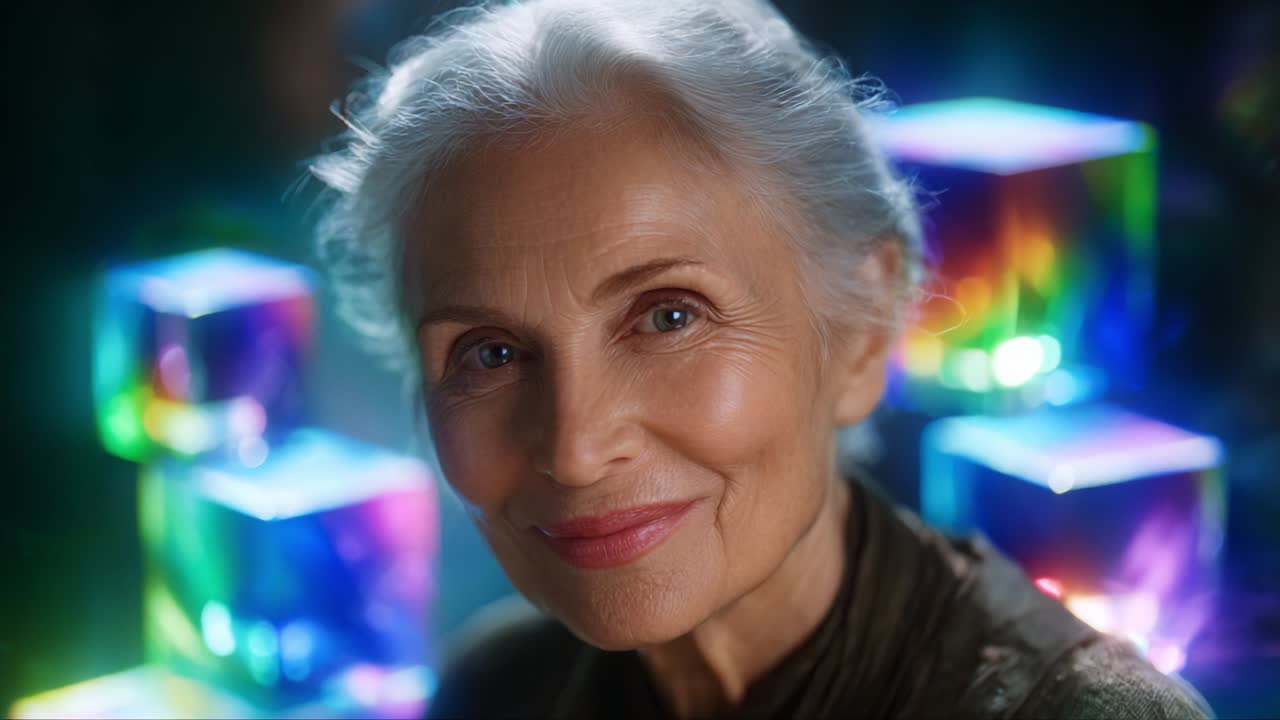 An ethereal portrait of a mature woman radiating wisdom and grace, enveloped by colorful, luminous geometric shapes that evoke a sense of wonder and introspection, capturing the nuances of experience and beauty