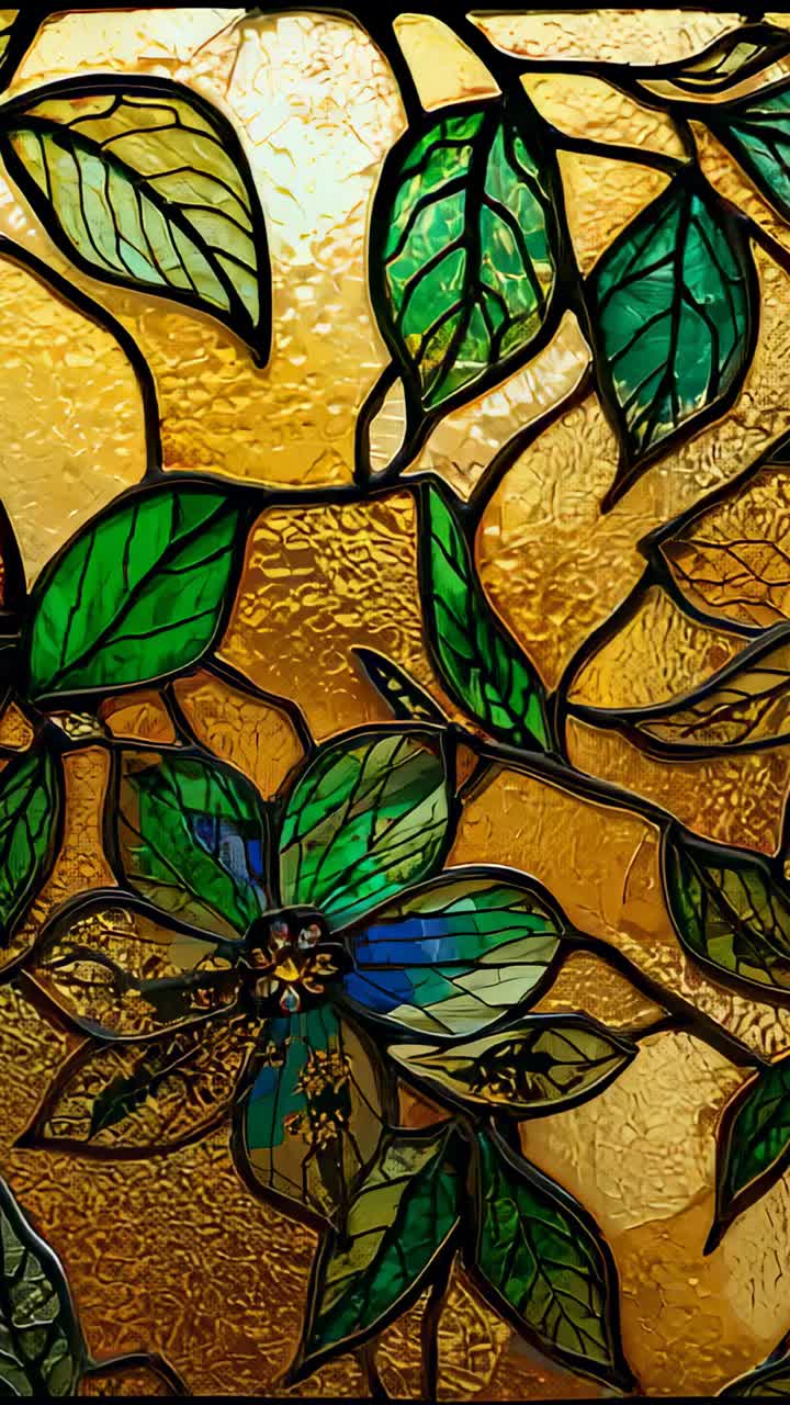 Vertical video: Starting hand panning camera down, showing stained glass panel at entry, teal motif