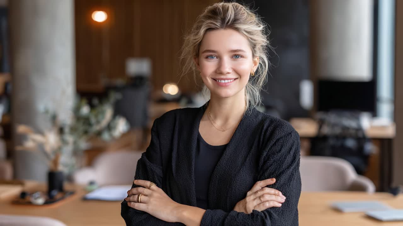A Confident Young Woman Smiling in a Modern Office Setting, Exuding Professionalism and Approachability in a Casual Yet Elegant Attire