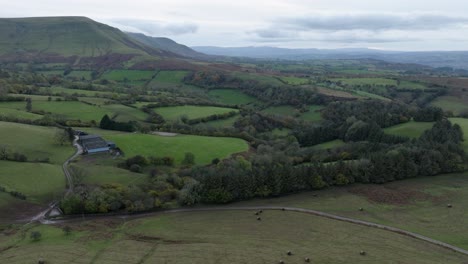 wales farmland brecon beacons dull grey weather aerial landscape valley hills