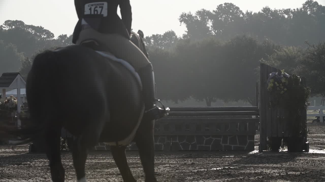 카메라에 등을 대고 말을 타고 있는 소녀의 슬로우 모션